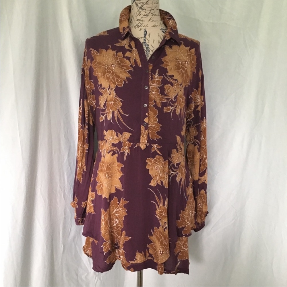Free People Maroon and Gold Floral Tunic Dress (S)